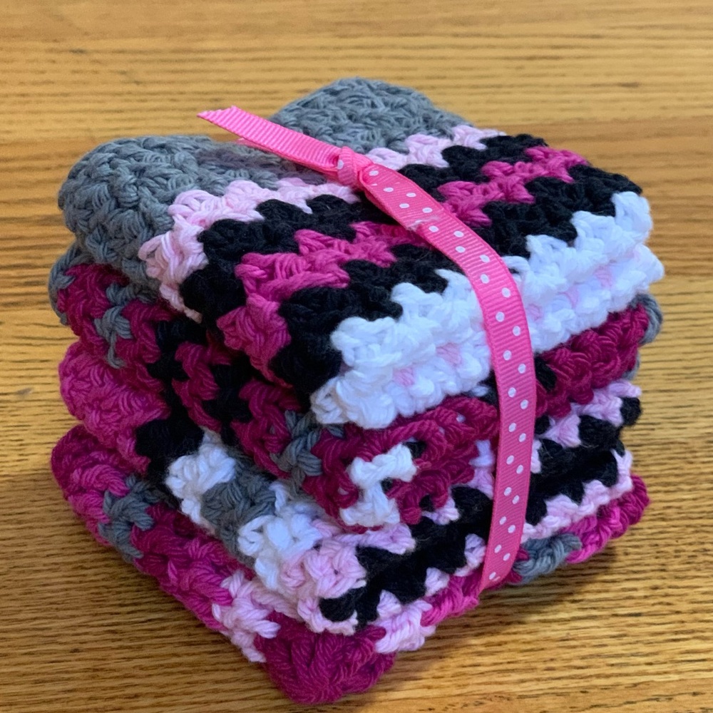 Handmade Crochet Washcloth Set -Pretty In Pink for Breast Cancer Awareness month